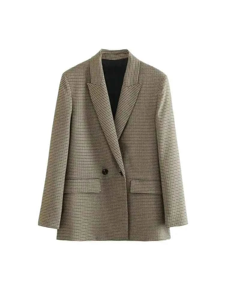 Women Fashion Double Breasted Plaid Blazer