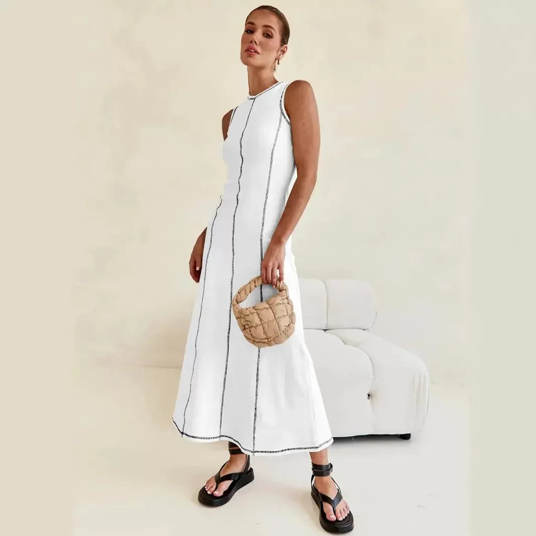 Women Clothing Knitted Long Skirt Simple Round Neck Sleeveless Female Vestidos - Norellé