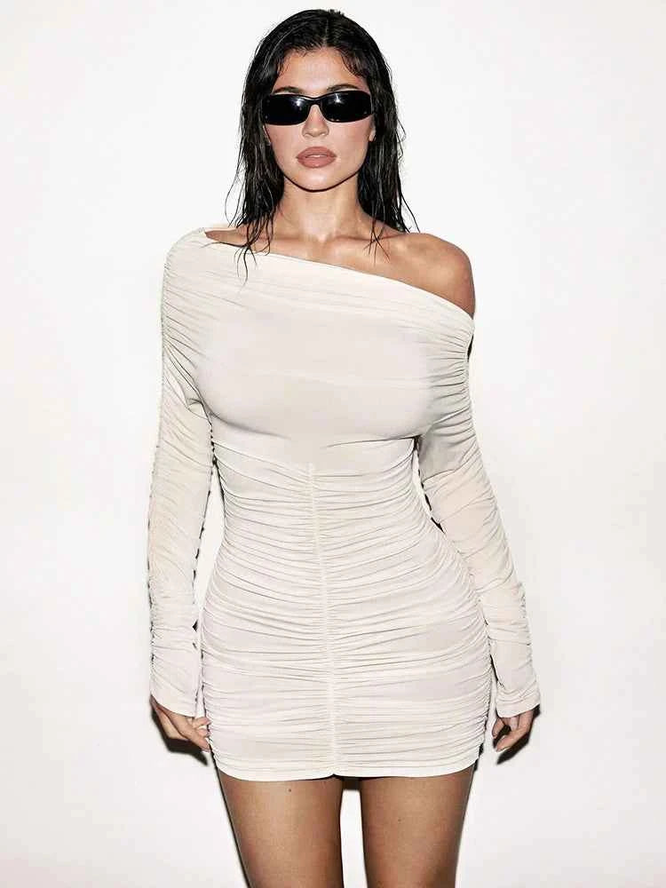 Inclined Shoulder Long Sleeve Mini Dress For Women