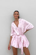 Women's Loose Printed Pullover Half-sleeved Tie High Short Rompers Jumpsuits - Norellé