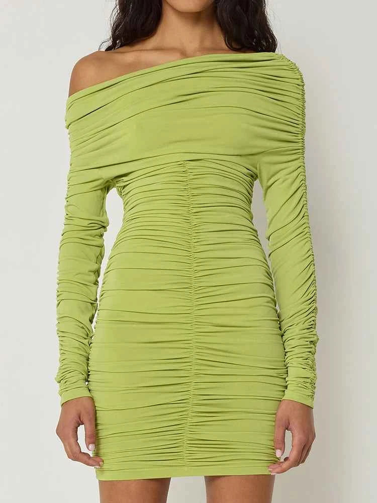 Inclined Shoulder Long Sleeve Mini Dress For Women