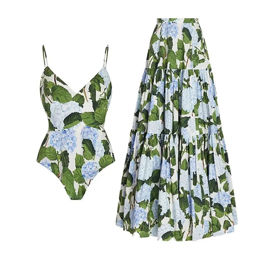 Women's Floral Print Suspender Beach Long Skirt, Casual, Romantic - Norellé