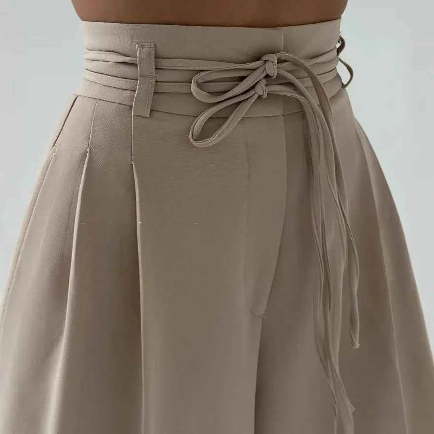 Women's Casual Design High Waisted Lace Up Slim Straight Leg Pants