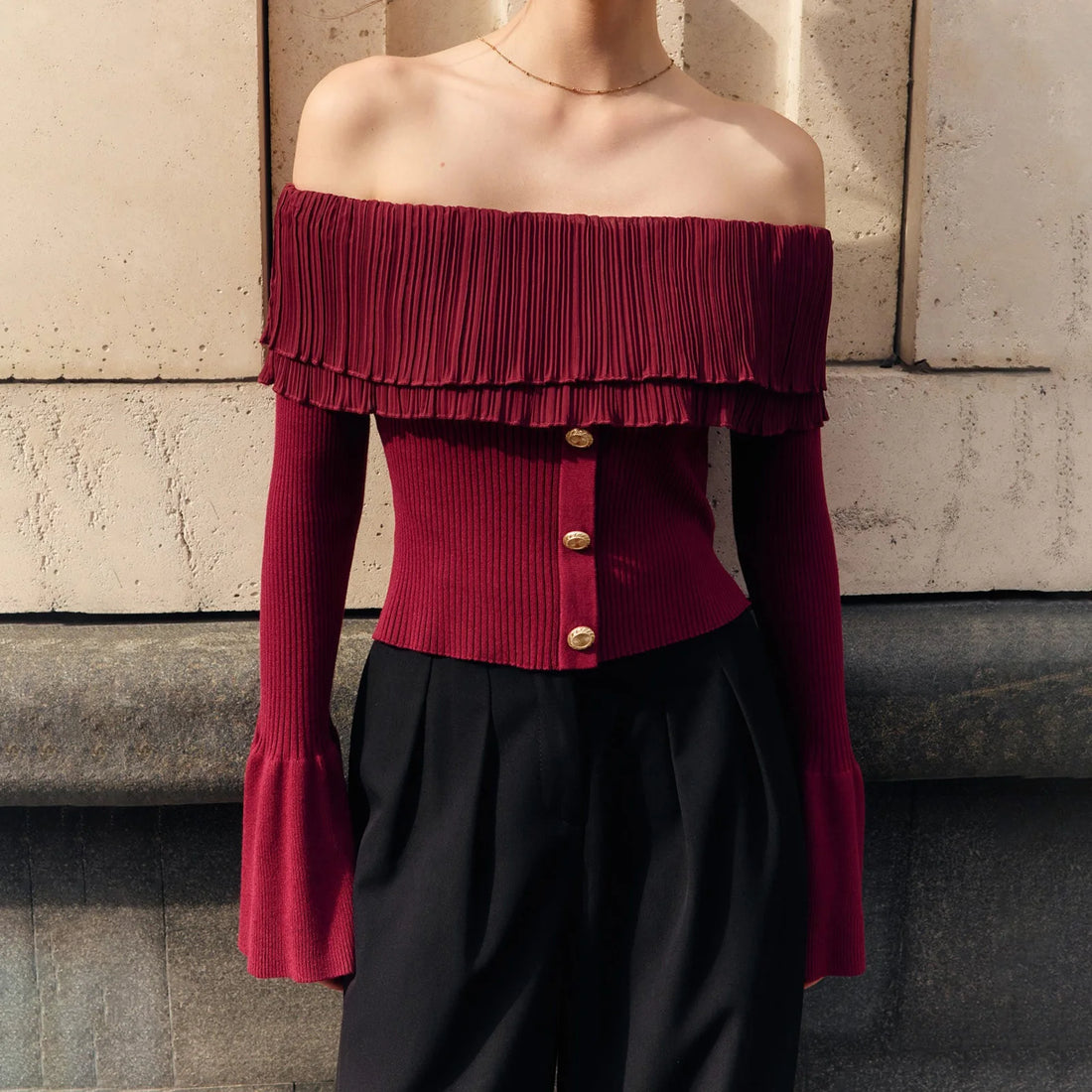 Knit Ruffles Pullover Sweater Flare Sleeve Patchwork Off-Shoulder Women's Knitwear