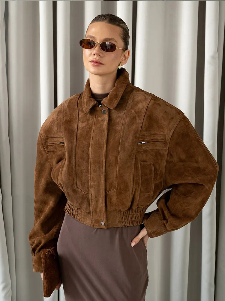 Women Camel Cropped Suede Jacket