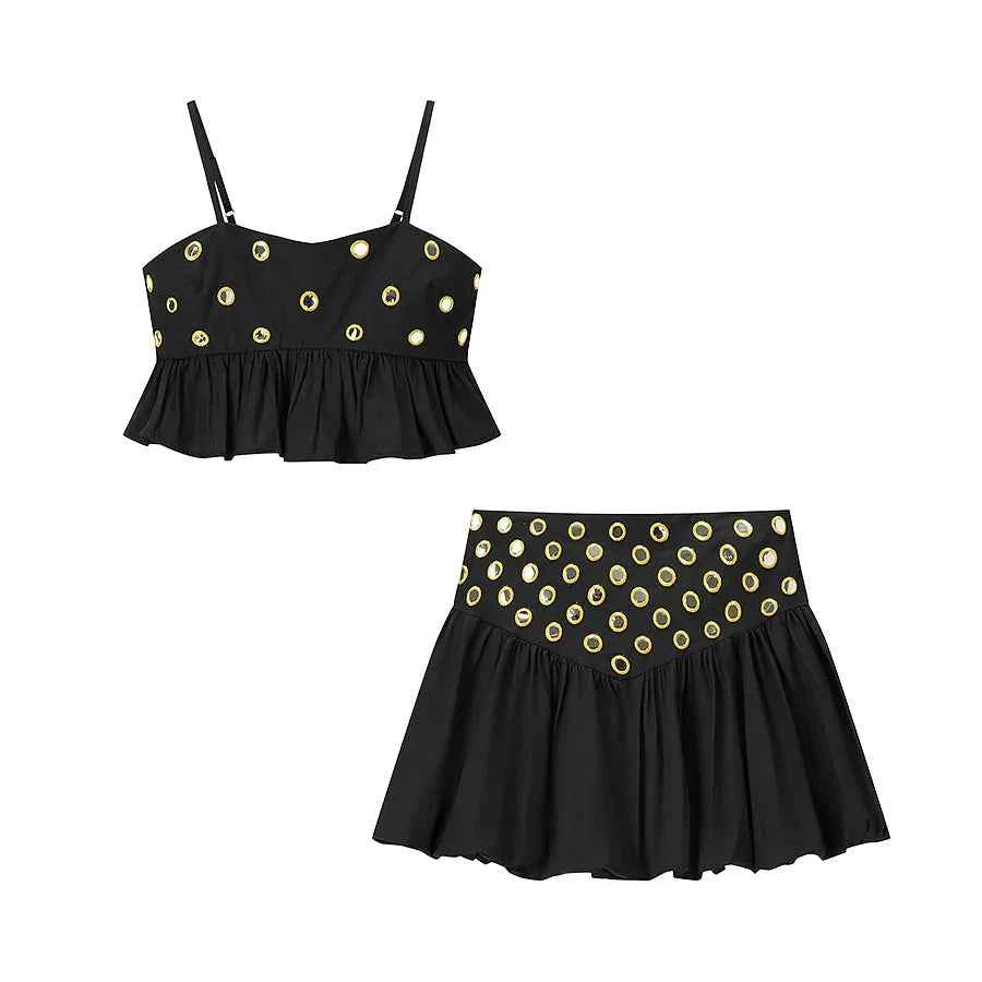Women Metal Hollow Pleated Suspender Skirt Suit