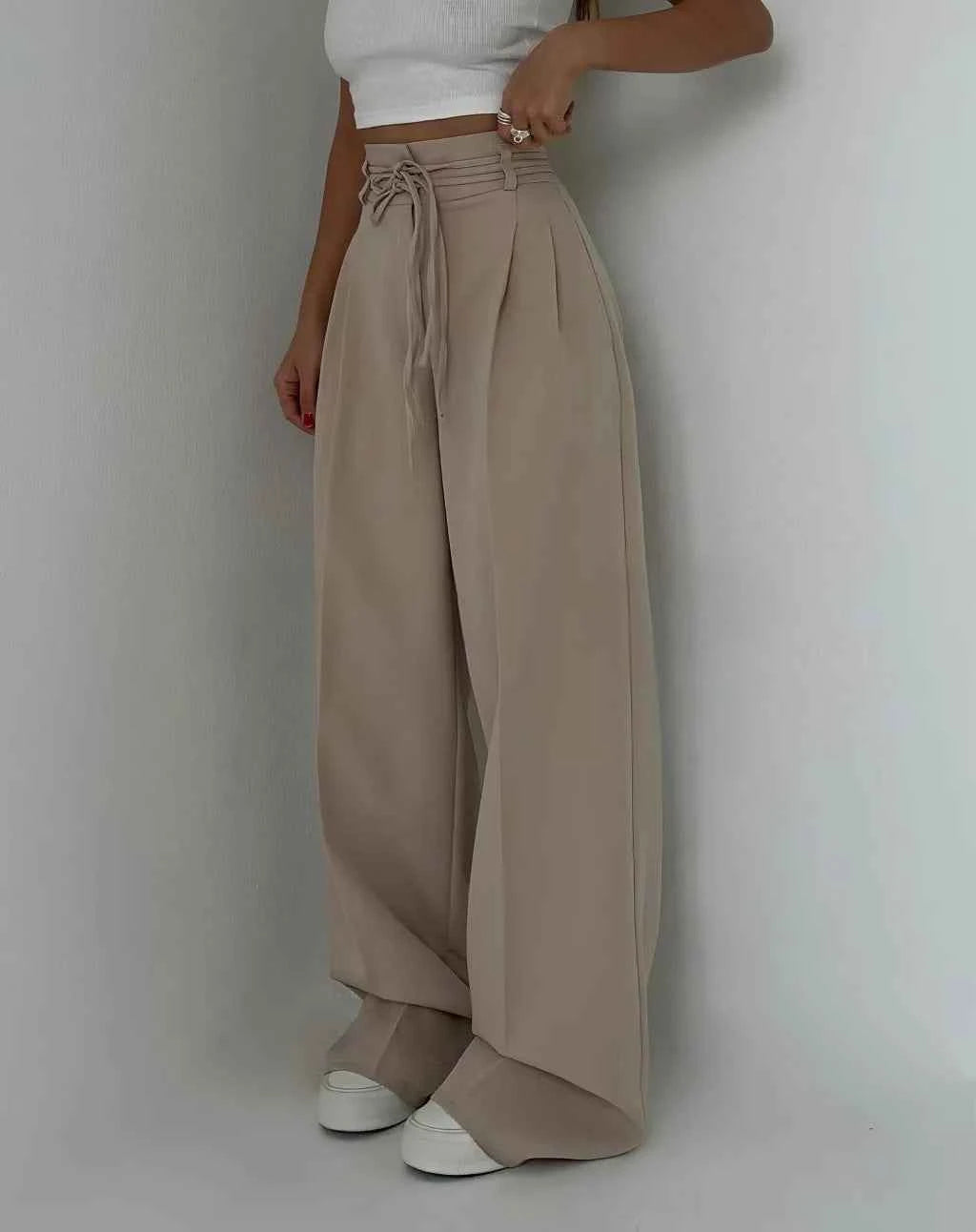 Women's Casual Design High Waisted Lace Up Slim Straight Leg Pants