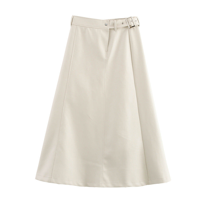 High Waist Pure Color With Belt A- Line Faux Leather Midi Skirt Skirt - Norellé