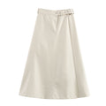High Waist Pure Color With Belt A- Line Faux Leather Midi Skirt Skirt - Norellé