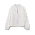 Crew Neck Long Sleeve Single-breasted Blue Embroidered Shirt For Women - Norellé