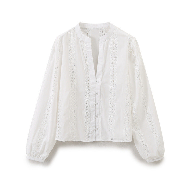 Crew Neck Long Sleeve Single-breasted Blue Embroidered Shirt For Women - Norellé