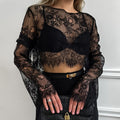 Black See-through Brocade Lace Long Sleeve Round-neck High Waist Skirt Suit - Norellé