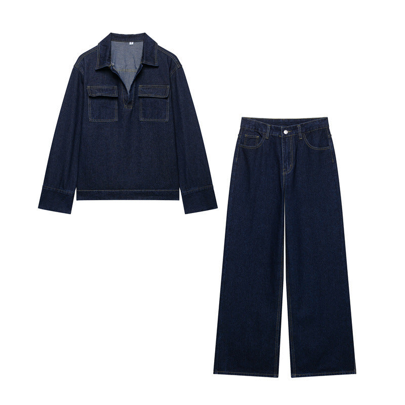 Fashion Loose Blue Denim 2-piece Set Vintage Long Sleeve Shirt Trousers - Norellé