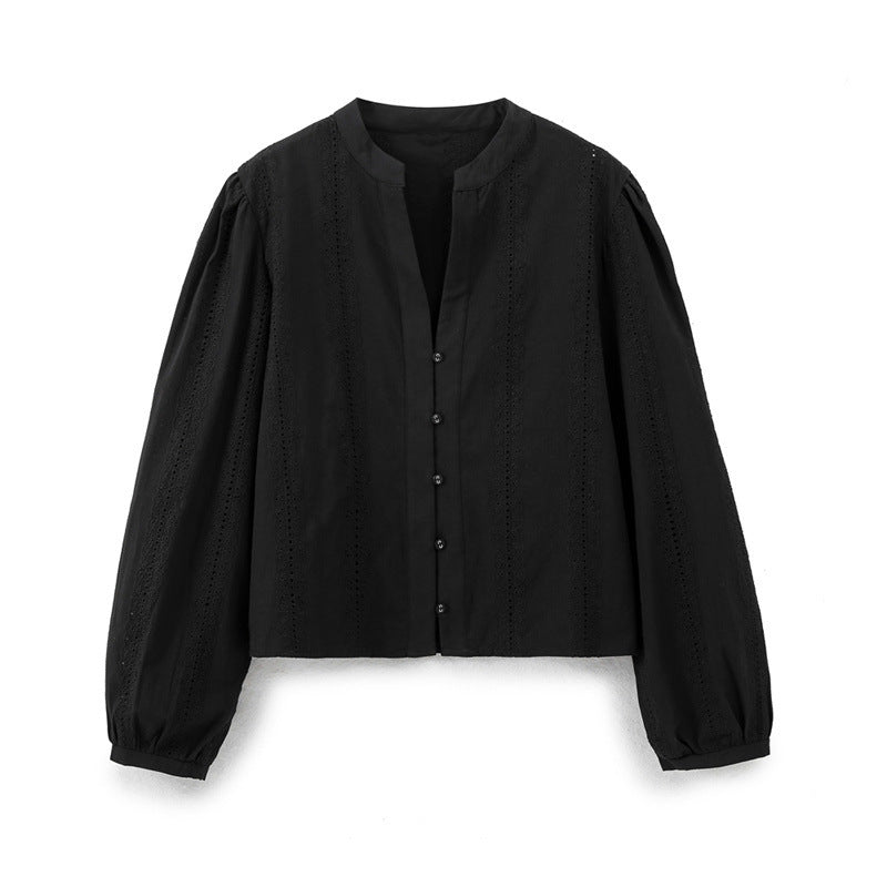 Crew Neck Long Sleeve Single-breasted Blue Embroidered Shirt For Women - Norellé