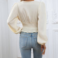 Women's Solid Color Shirt With V-neck Wrapped Waist And Waistline - Norellé