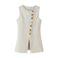 Round Neck Multi-breasted Vest Top Pocket Decoration High Waist Skirt - Norellé