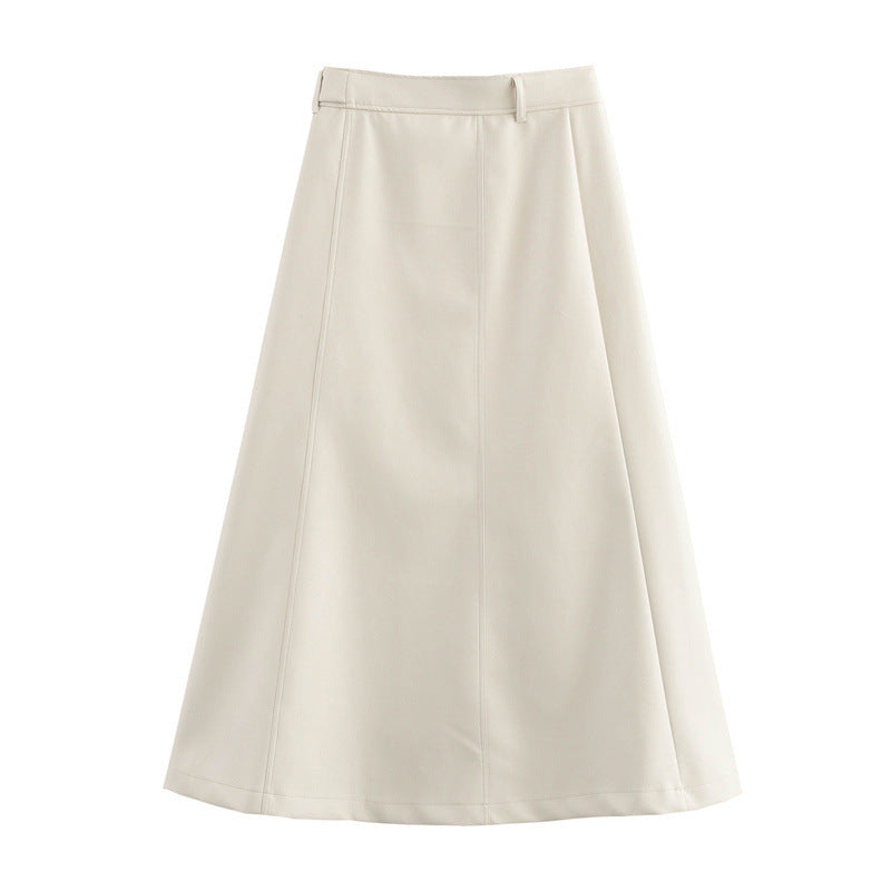 High Waist Pure Color With Belt A- Line Faux Leather Midi Skirt Skirt - Norellé