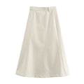 High Waist Pure Color With Belt A- Line Faux Leather Midi Skirt Skirt - Norellé