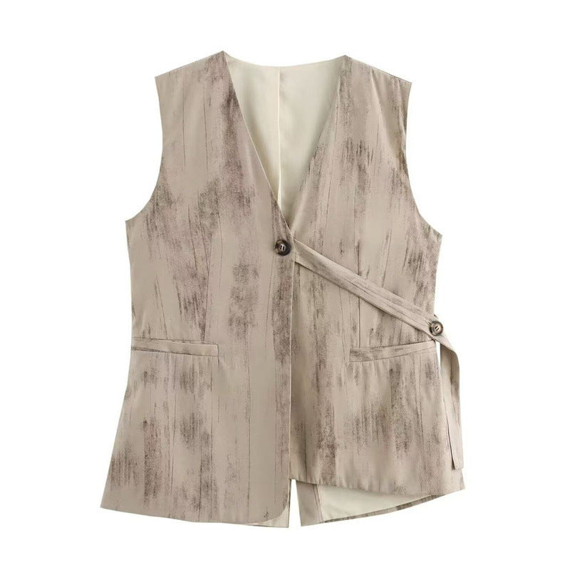 V-neck Buttons Decorative Lace-up Sleeveless Waistcoat Vest Wide-leg Casual Pants Suit - Norellé