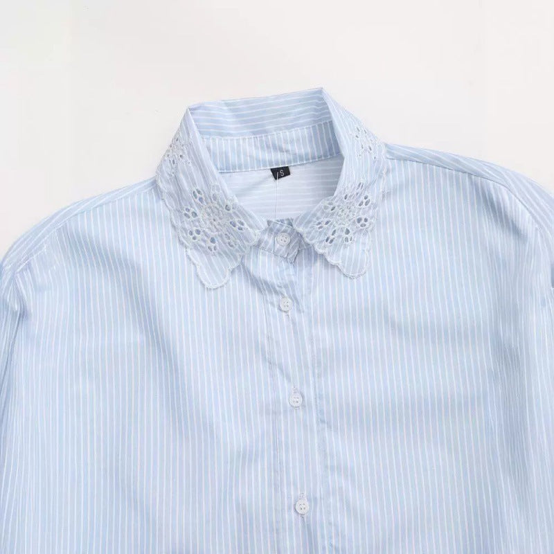 Fashion All-match Hollow Embroidered Stripes Short Shirt - Norellé