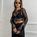 Black See-through Brocade Lace Long Sleeve Round-neck High Waist Skirt Suit - Norellé
